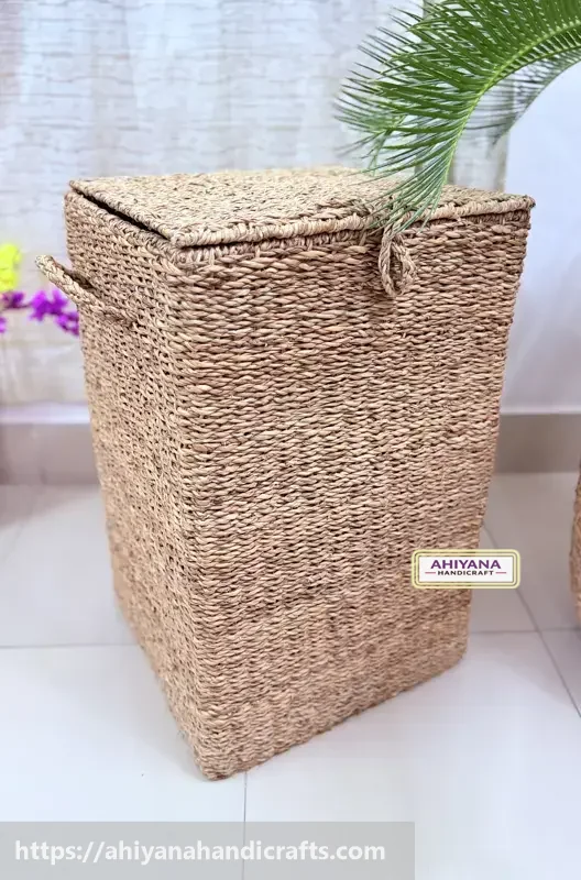 Ahiyana Premium Square Seagrass Laundry Basket - Durable Metal Frame - Thumbnail Image