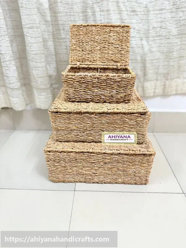 Ahiyana Handmade Seagrass Storage Trunk Basket Set With Metal Frame (Set of 3)