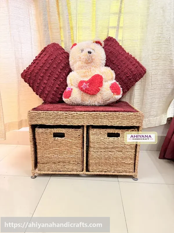 Ahiyana Premium 2-Seater Seagrass Storage Bench with Drawer Sofa Seat include Fhome and Cushion