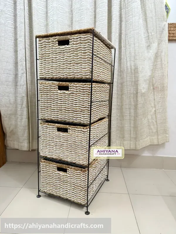 Ahiyana Handmade Eco-Friendly 4 - Drawer Seagrass and Dosting Wardrobe – Durable Metal Frame Storage Organizer - Thumbnail Image