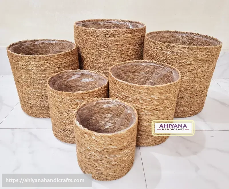 Ahiyana Eco-Friendly Natural Seagrass Planter Tub Cover Set With Plastic Lining