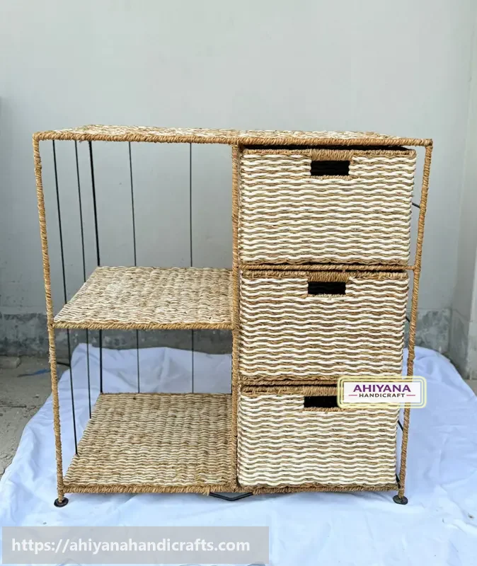 Ahiyana Handmade Eco-Friendly 5 Part 3 - Drawer Seagrass and Dosting Wardrobe – Durable Metal Frame Storage Organizer - Thumbnail Image