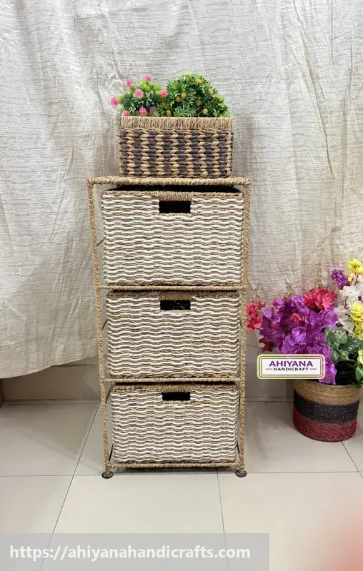 Ahiyana Handmade Eco-Friendly 3 - Drawer Seagrass and Dosting Wardrobe – Durable Metal Frame Storage Organizer