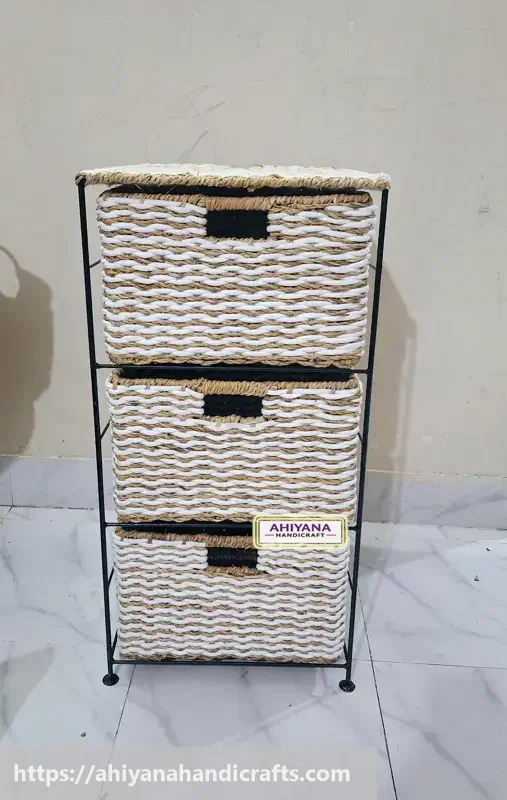 Ahiyana Handmade Eco-Friendly 3 - Drawer Seagrass And Dosting Wardrobe – Durable Metal Frame Storage Organizer
