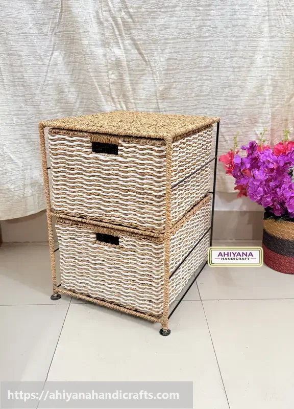 Ahiyana Handmade Eco-Friendly 2 - Drawer Seagrass and Dosting Wardrobe – Durable Metal Frame Storage Organizer - Thumbnail Image