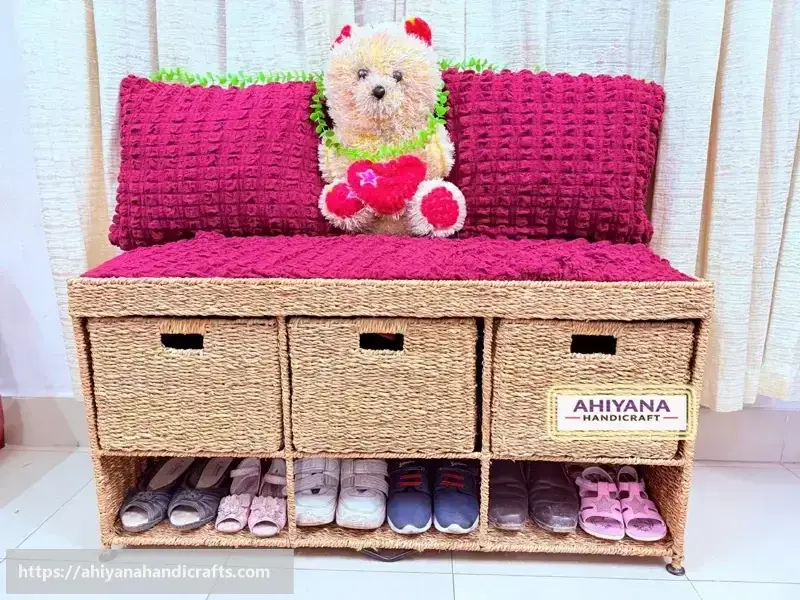 Ahiyana Premium 2-Seater Seagrass Storage Bench with Shoe Rack and Drawer Sofa Seat include Fhome and Cushion - Thumbnail Image