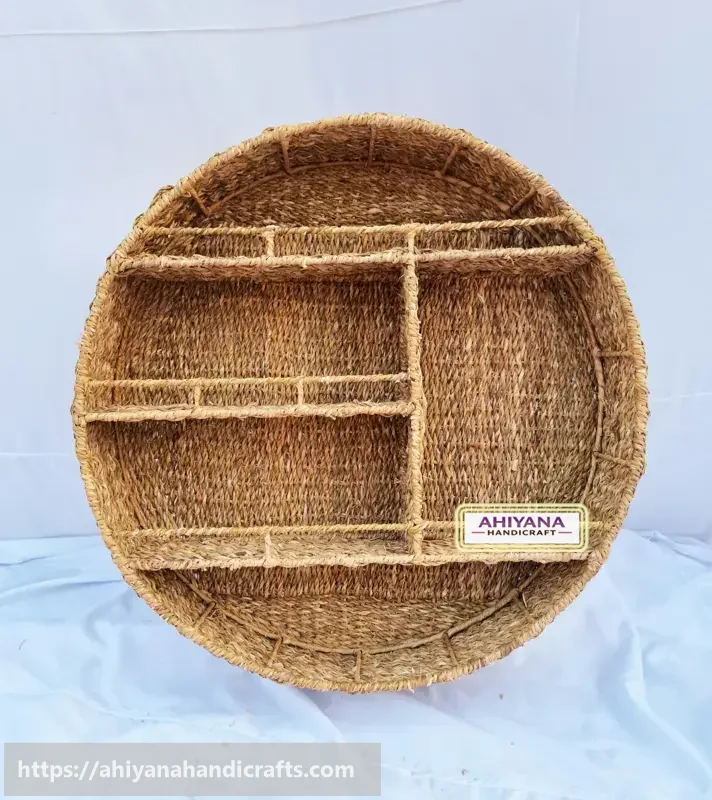 Ahiyana Handmade Natural Seagrass Round Wall Hanging Shelf Organizer with Strong Metal Frame - Thumbnail Image