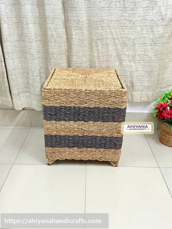 Ahiyana Premium Square Seagrass Laundry Basket - Durable Metal Frame / Storage Box / Sitting Tools - Thumbnail Image