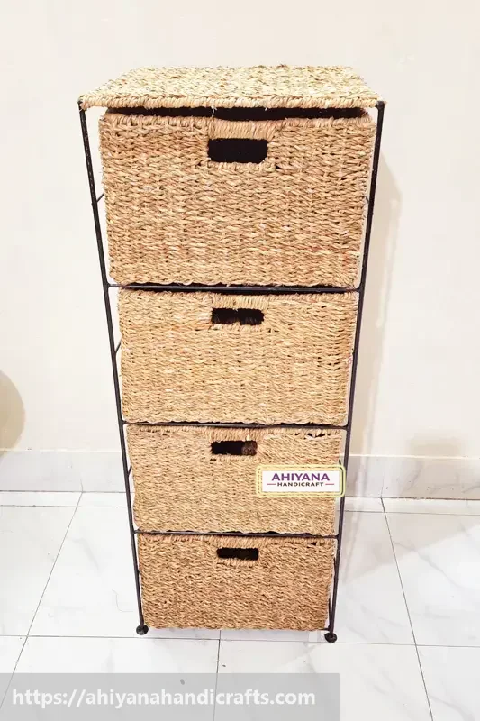 Ahiyana Handmade Eco-Friendly 4 - Drawer Seagrass Wardrobe – Durable Metal Frame Storage Organizer - Thumbnail Image