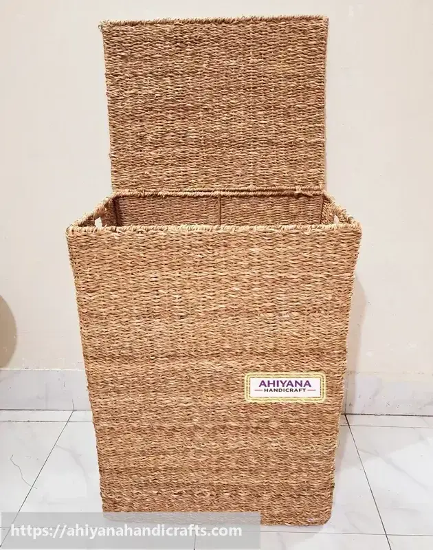 Ahiyana Big Size Premium Square Seagrass Laundry Basket with Lid - Thumbnail Image