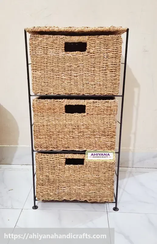 Ahiyana Handmade Eco-Friendly 3 - Drawer Seagrass Wardrobe – Durable Metal Frame Storage Organizer - Thumbnail Image