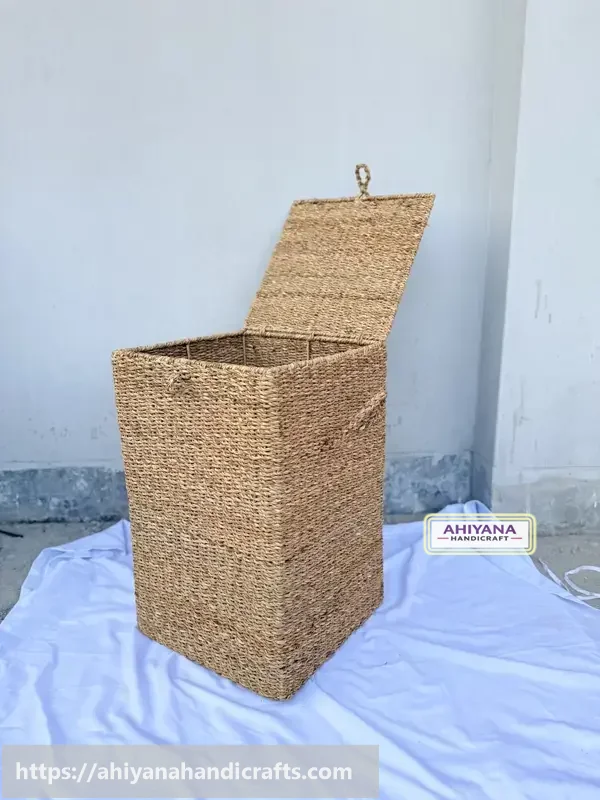 Ahiyana Premium Square Seagrass Laundry Basket - Durable Metal Frame - Thumbnail Image