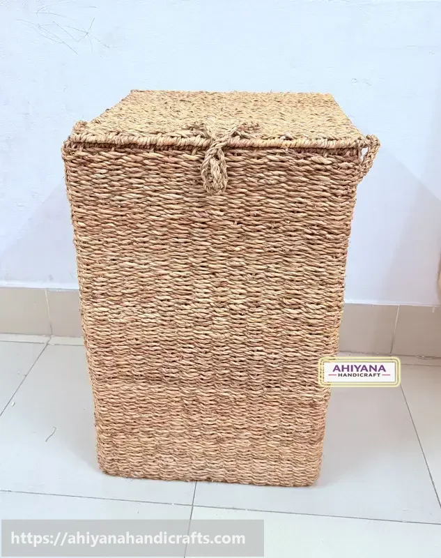 Ahiyana Premium Square Seagrass Laundry Basket - Durable Metal Frame - Thumbnail Image